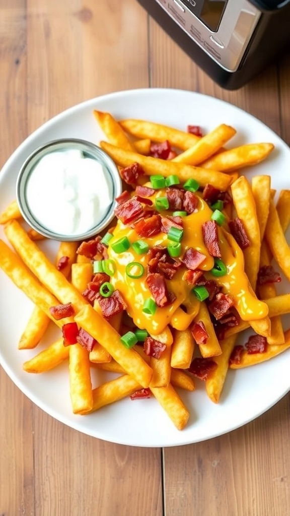 Crispy air fryer bacon cheese fries topped with melted cheese and bacon, garnished with green onions, served with sour cream.
